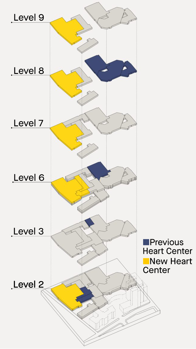 Heart_Center_BCH_072720_mobile Layered floorplan showing previous locations the heart center was spread across and the current consolidated location
