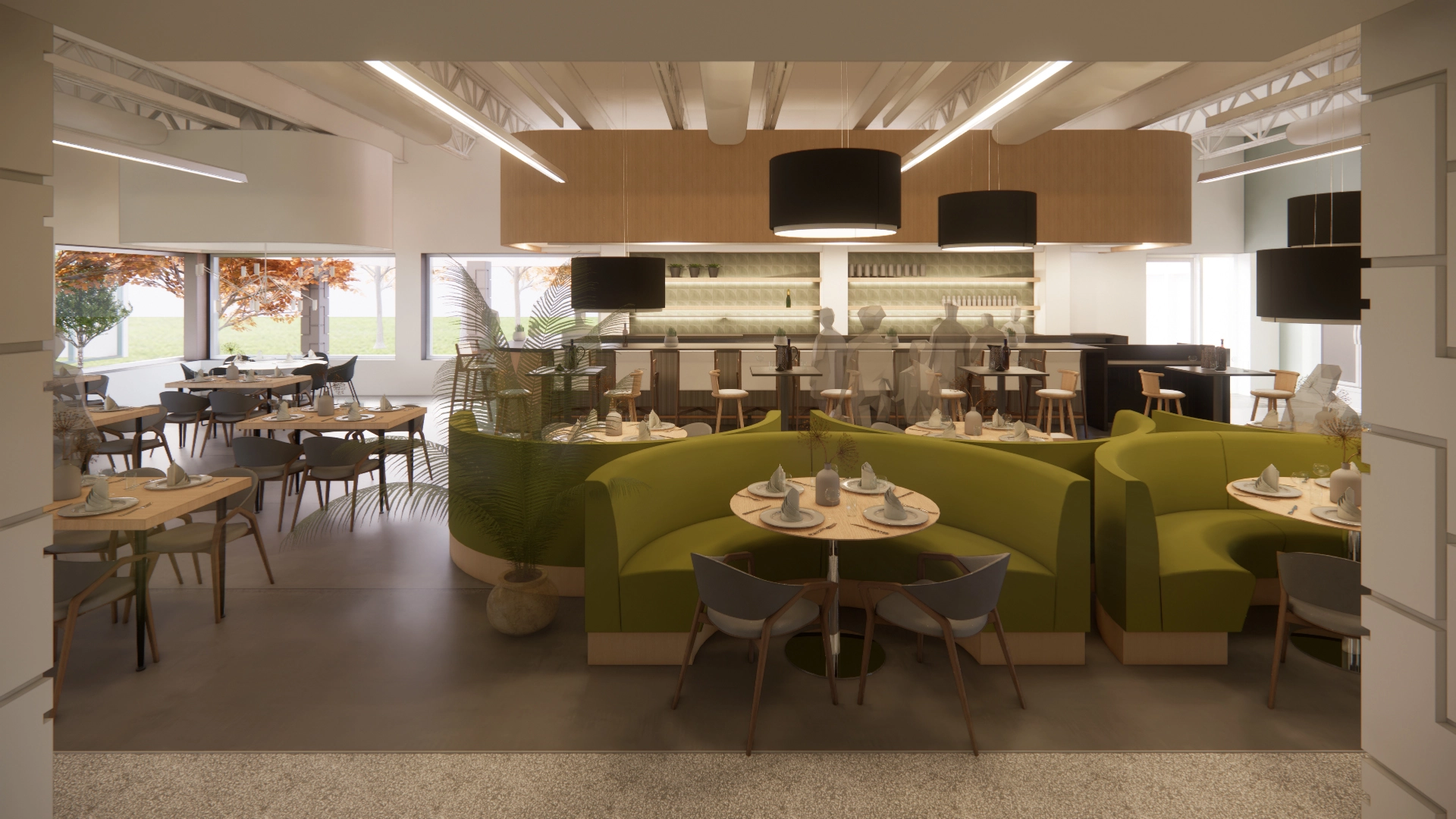Rendering of art museum cafe interior, mxed seating, green rounded benches, bar to back, large windows